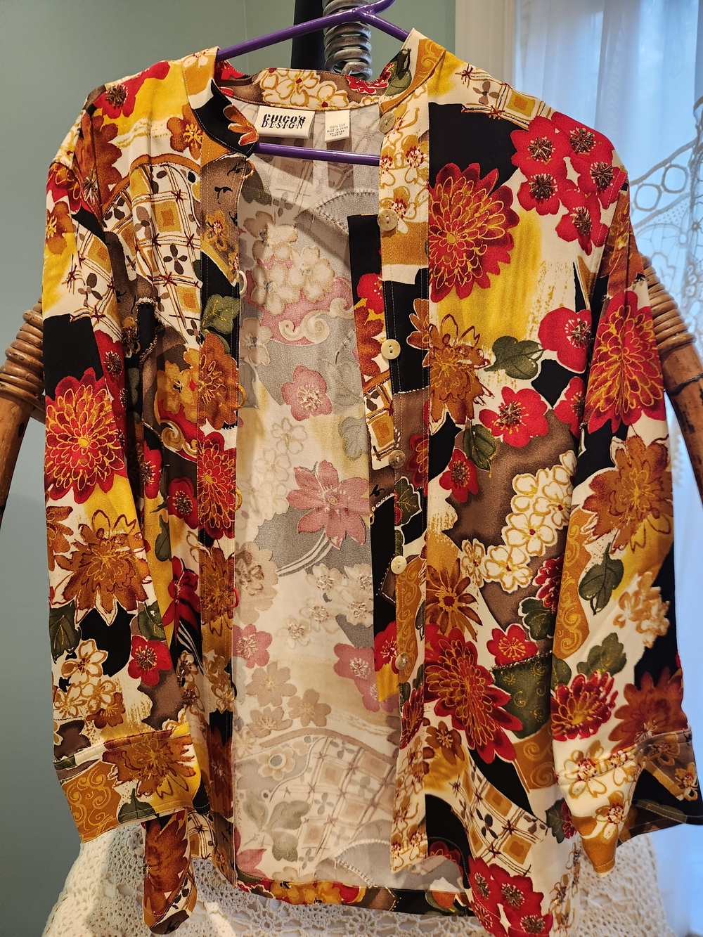 Chico's Women's Asian Oriental Inspired Floral 100% Silk Top Jacket Cover Size 0